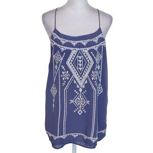 Blu Pepper Slate Blue and White Embroidered Tank Top Size Large Boho Tank Top